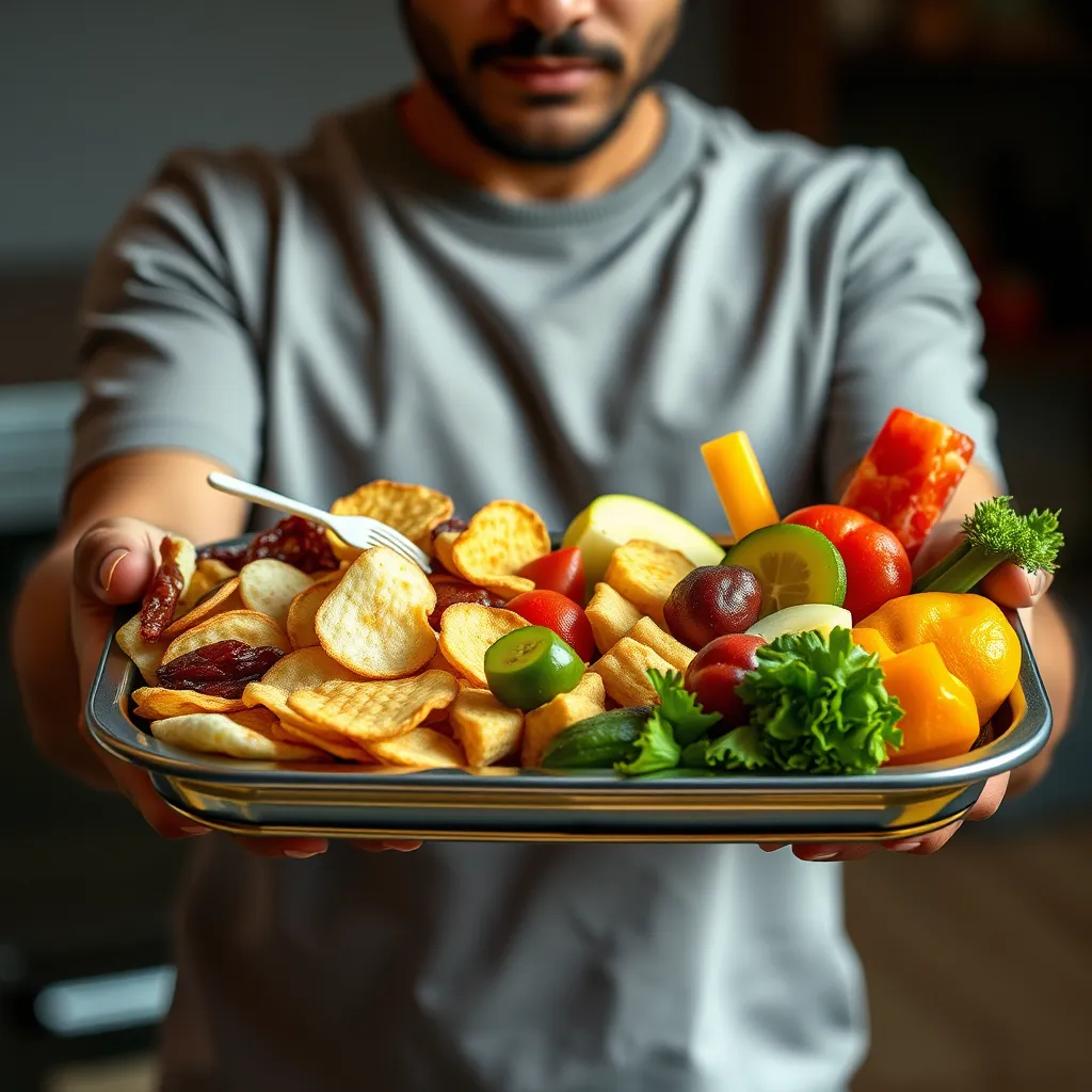 A person rejecting a tray of junk food such as chips and sweets, while holding a bowl of fresh fruits and vegetables. The junk food appears faded and the healthy food looks vibrant and appealing.