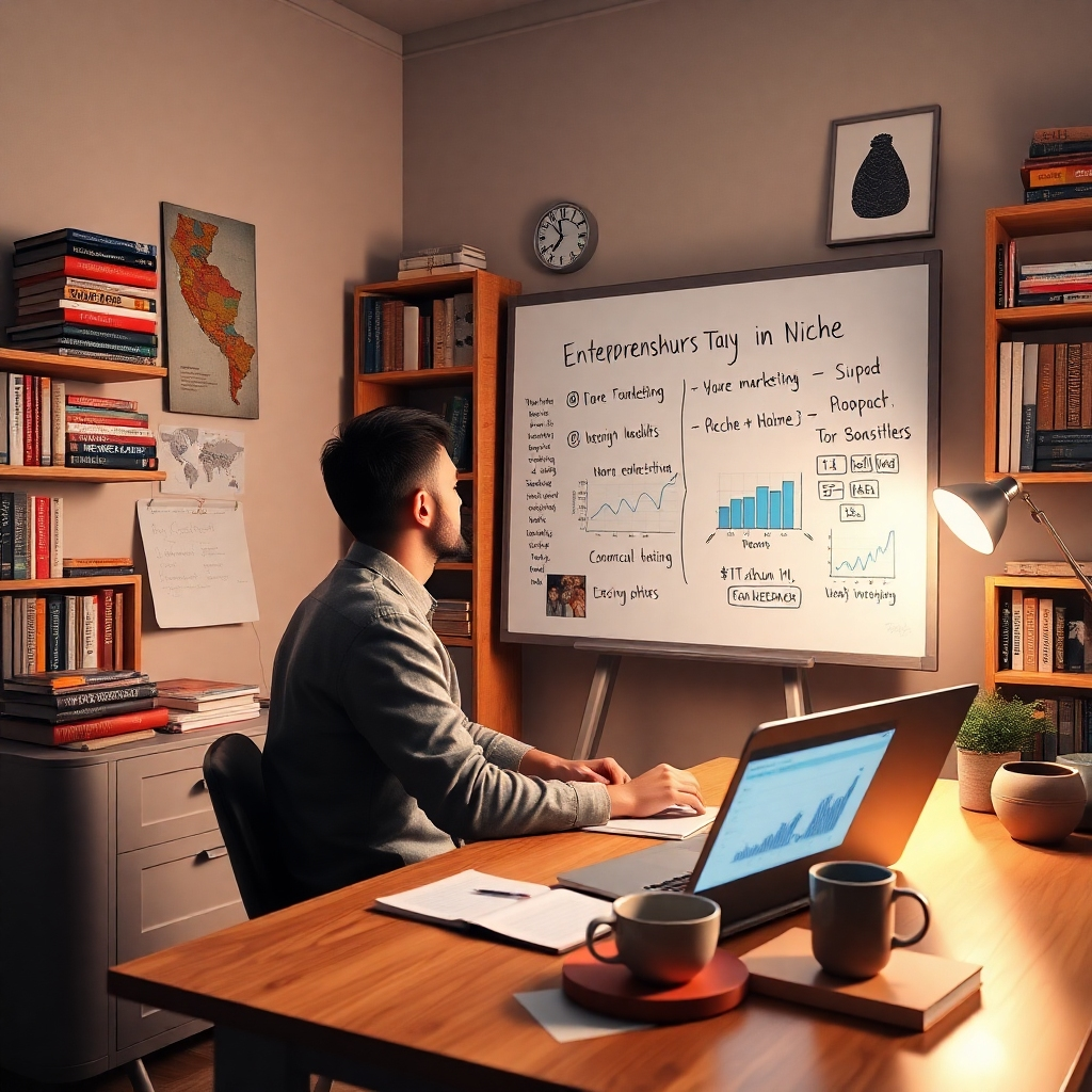 A person sitting at a desk in a cozy home office, brainstorming ideas on a whiteboard, surrounded by books about entrepreneurship and niche marketing. The room is well-lit, with a laptop open showing market research graphs and a cup of coffee nearby.