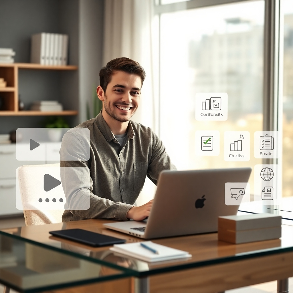 A person sitting at a modern desk with a laptop, looking pleased while interacting with a user-friendly platform! Surrounding them are graphics of video course elements like play buttons, checklists, and curriculum icons, all in a bright, inspiring workspace.