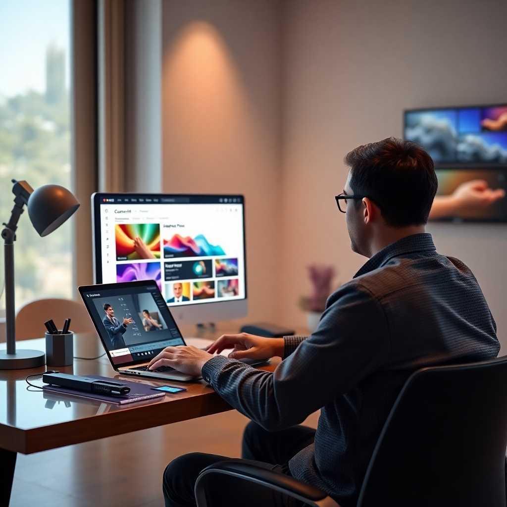 A person sitting at a modern desk in a well-lit room, using a laptop to create a video course. The screen displays an intuitive interface of CourseReelAI Max with keywords being entered, and vibrant graphics of professional video templates in the background.