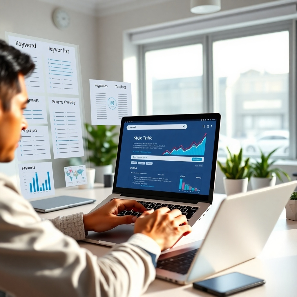 A person working on a laptop, surrounded by SEO-related items like keyword lists, graphs showing traffic growth, and a search engine results page on the screen. The environment is bright and modern, illustrating a productive workspace with elements of digital marketing.