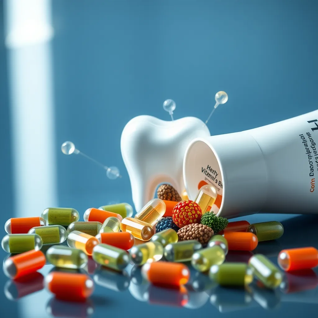A photorealistic, high-definition image of a toothpaste tube and capsules spilling out, with the ingredients forming a shining, healthy tooth in the background. Include elements like vitamins, minerals, and probiotics, each symbolically enhancing tooth and gum health.
