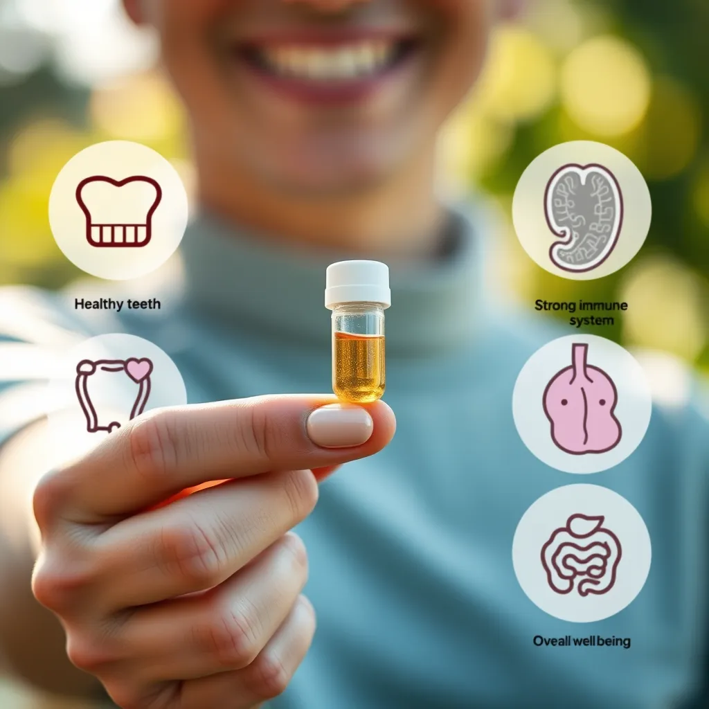 A photorealistic, high-quality image depicting a person holding a capsule, surrounded by icons representing different health benefits—healthy teeth, a strong immune system, digestive health, and overall well-being. The background should be bright and natural, emphasizing the product's holistic benefits.