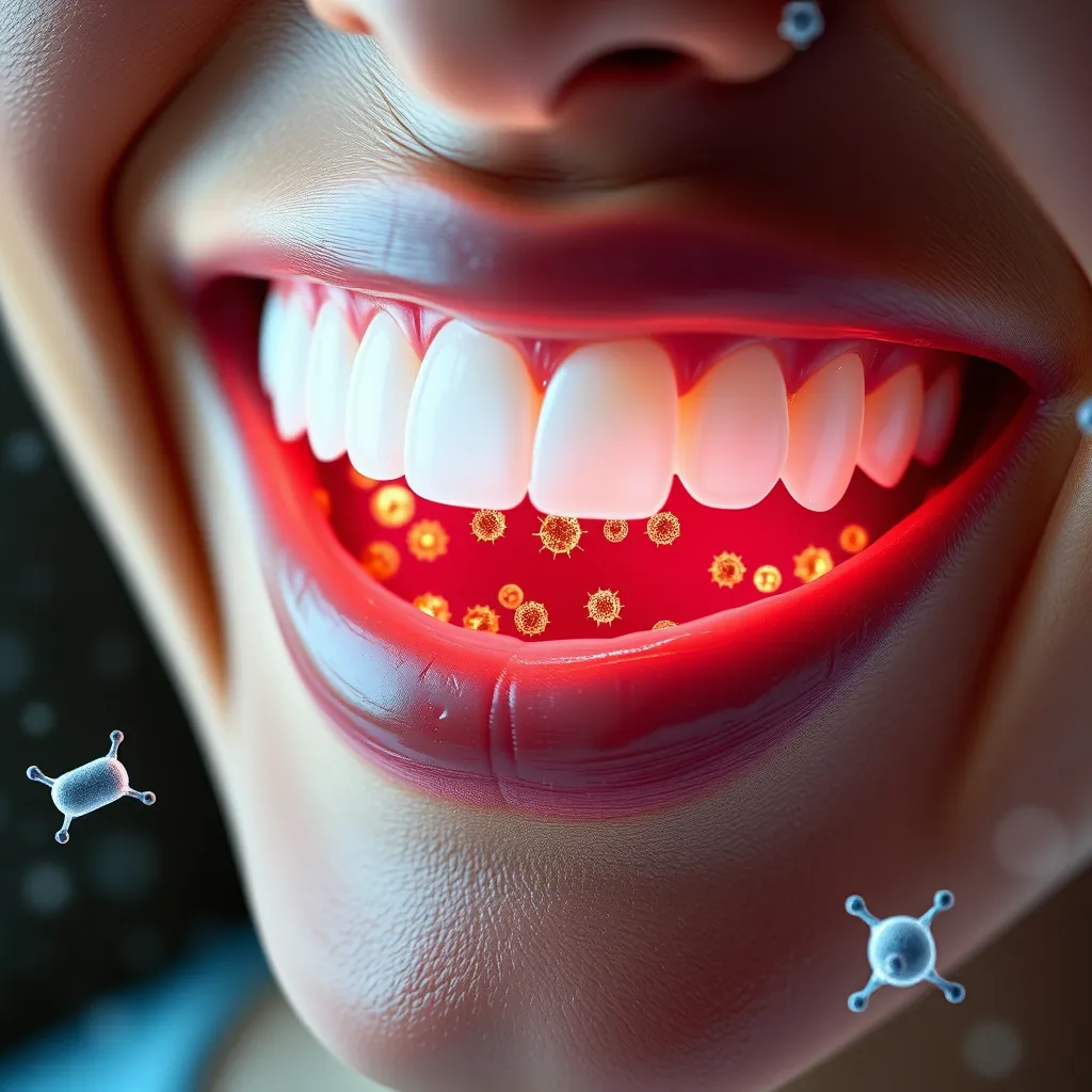 A photorealistic, high-resolution image showcasing a close-up of a smiling person with bright, healthy teeth. The surrounding visualization depicts tiny, glowing, beneficial bacteria integrating smoothly into the oral cavity, symbolizing repopulation and enhanced oral flora.