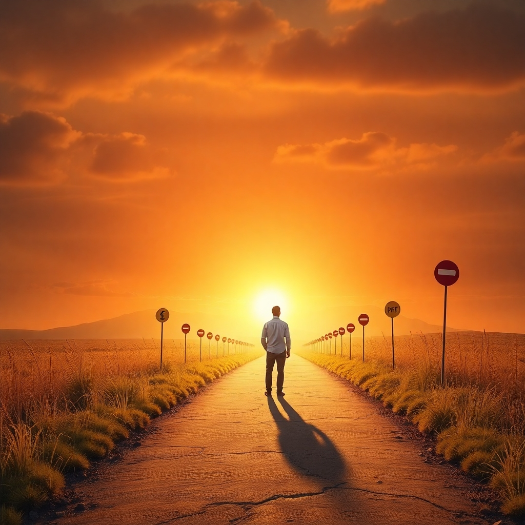 A photorealistic depiction of a pathway where a person is contemplating their next sales move, with visual markers showcasing their journey from idea to profit. The atmosphere is hopeful with a sunlit horizon symbolizing new possibilities. Colors should blend warm shades with energetic tones, while textures convey depth and movement. This image should illustrate the idea of progress and motivation, demanding high resolution to highlight its engaging story.