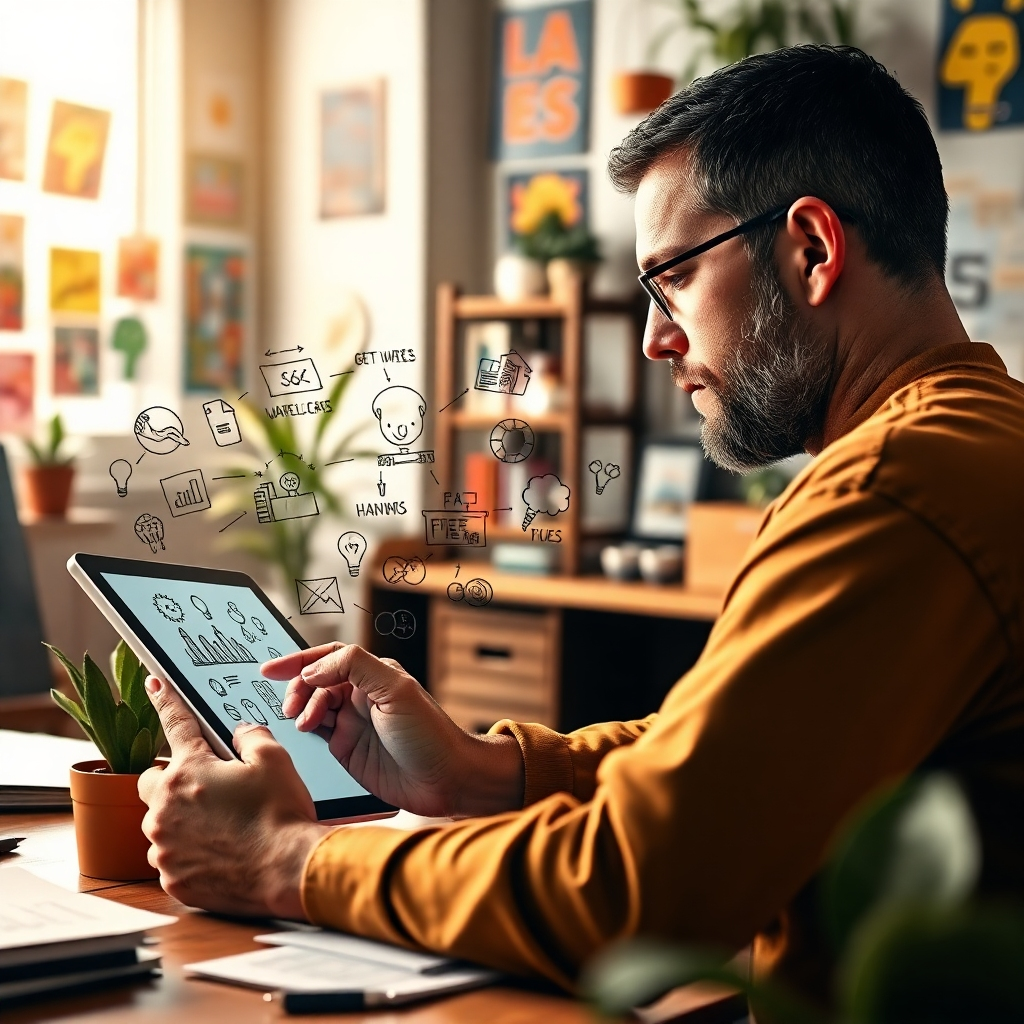 A photorealistic depiction of a person brainstorming ideas on a digital tablet, surrounded by notes and sketches that symbolize various sales concepts. The lighting highlights the focus and creativity in the workspace. The background is a cozy, modern office filled with colorful posters and plant decorations. The textures are rich, showcasing the vibrancy of the creative process, with a color palette of warm earth tones and bright accents to inspire positivity. Aim for high quality with details that capture emotional connection.