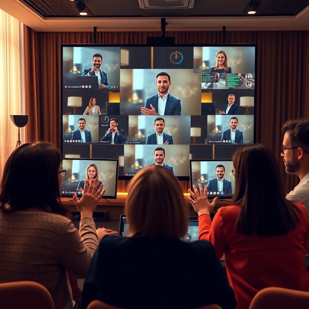 A captivating image of a diverse group of creators brainstorming story ideas with visual elements sprawling across a conference table. Papers and digital devices display compelling visuals, and light streaming through modern windows creates excitement. The environment reflects a cozy yet professional atmosphere with warm colors dominating. The camera angle captures expressions of inspiration and collaboration among the team.