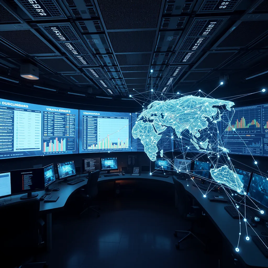 A photorealistic depiction of a futuristic AI control room filled with screens displaying growing subscriber lists and viral charts. An abstract representation of digital connections forming a web around the globe, symbolizing constant, automated growth and expansion.