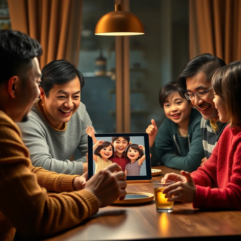 A photorealistic depiction of a family gathered around a table, interacting with a tablet that displays a talking photo. The photo shows a vibrant memory with animated facial expressions and hand gestures. Include warm lighting and a cozy atmosphere.