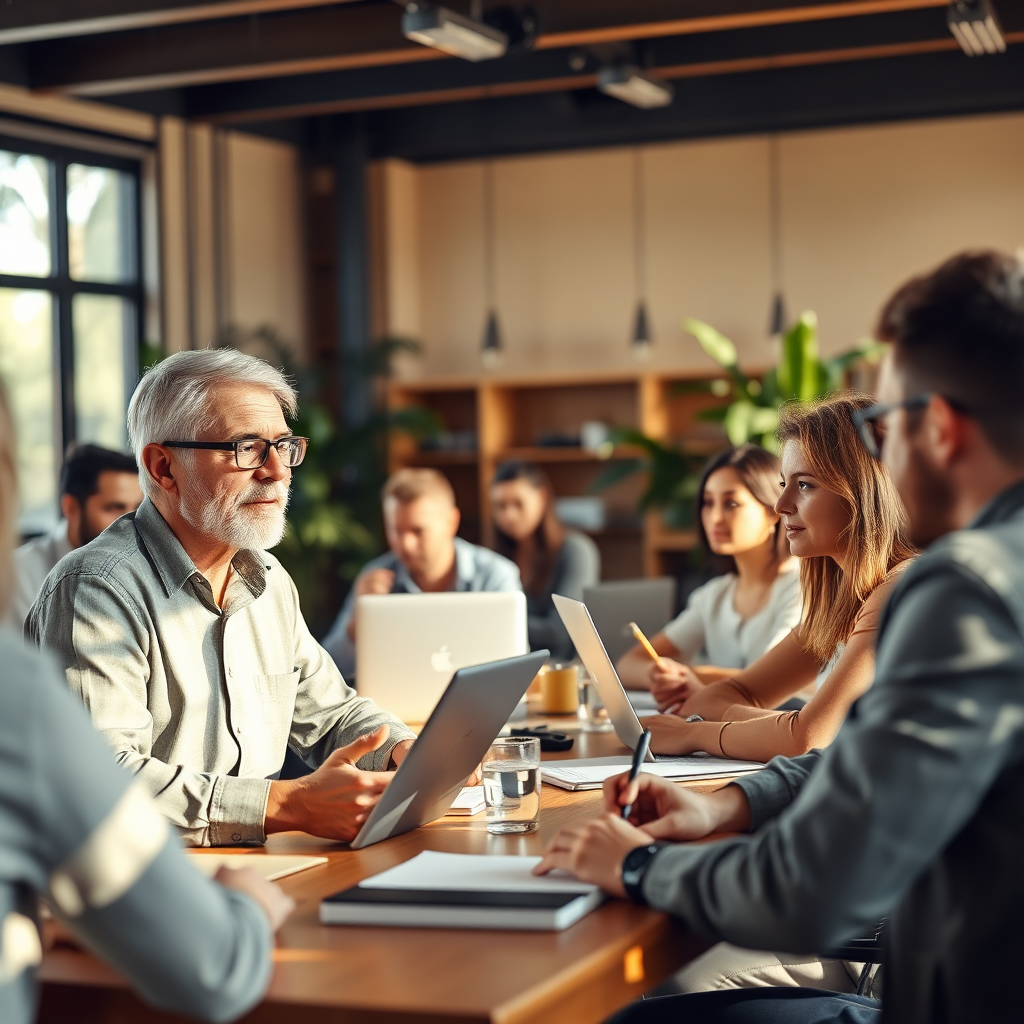 A photorealistic depiction of a local expert leading a workshop with engaged community members. The setting is an inviting conference room filled with natural light. The composition includes modern technology, such as laptops and AI tools, with participants taking notes and interacting with the devices. The warm color palette gives an approachability while the environment is filled with greenery to signify growth. The camera angle should highlight the expert's enthusiasm and the attention of the audience. The image should be rich in detail, aiming for 8K resolution.