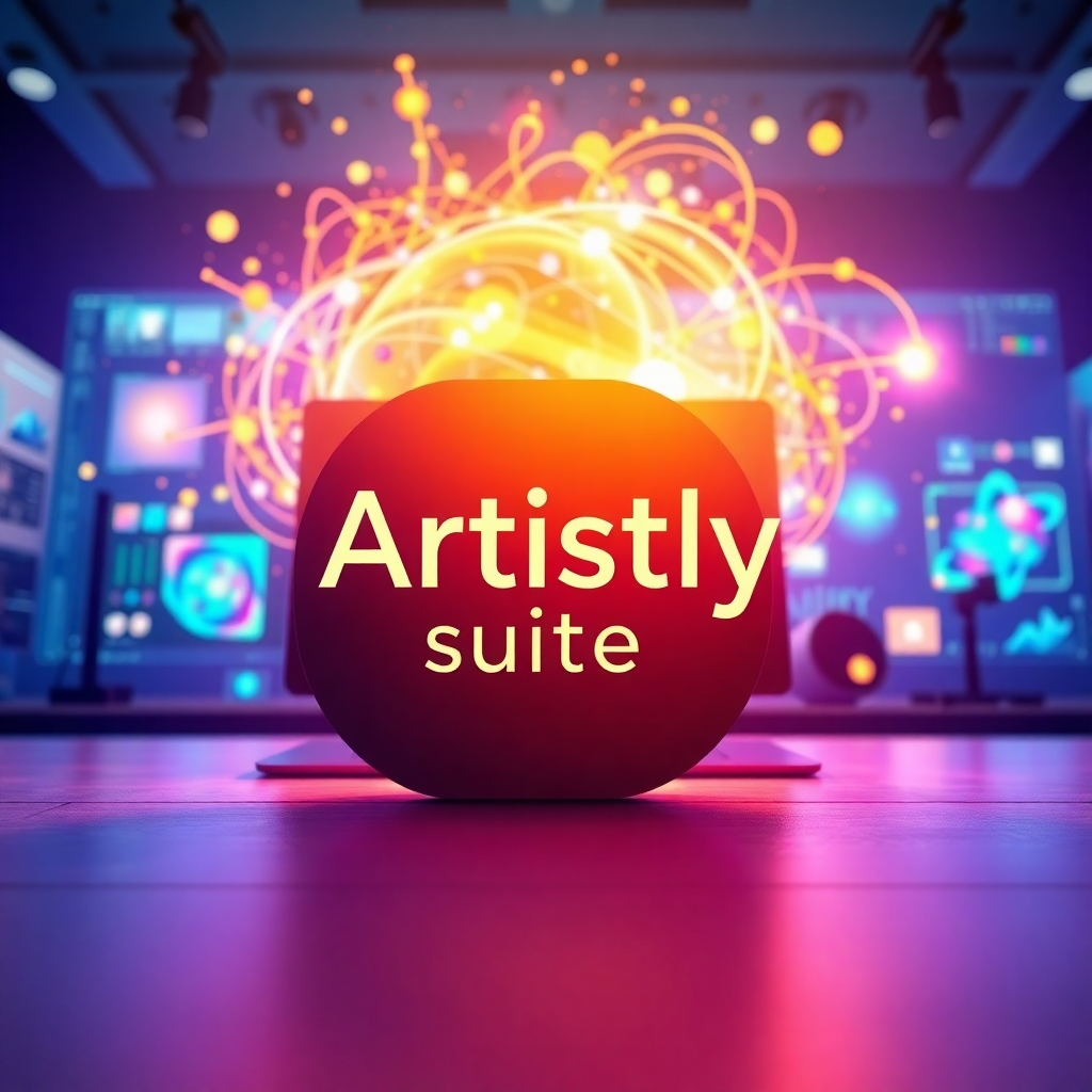 A photorealistic header image showcasing the Artistly Suite logo prominently in the foreground with vibrant, glowing AI-generated graphics swirling around it. The background features a dynamic digital workspace with soft, diffused lighting highlighting various design tools and colorful graphics. Use a rich color palette of blues and purples, with splashes of bright colors to represent creativity. The camera angle is a slight low-angle view to emphasize grandeur. The texture appears smooth, with glimmering effects on the graphics. This image should be in ultra-high 8K resolution, capturing hyperrealistic detail that embodies the ease of using an AI graphic generator and the power of stunning social media visuals.