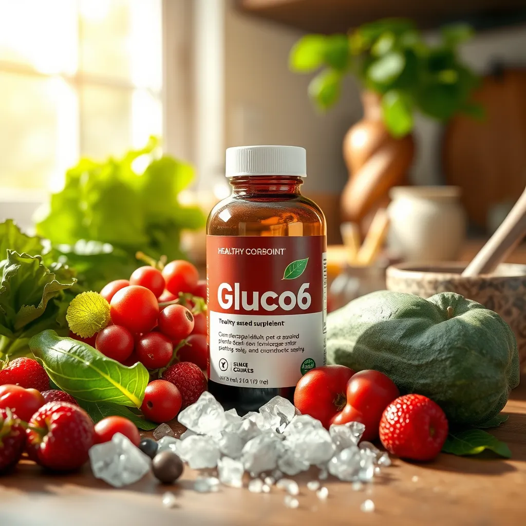 A photorealistic header image showcasing the Gluco6 supplement. The composition includes a bottle of Gluco6 at the center, surrounded by fresh, vibrant plant-based ingredients like green leafy vegetables, ripe berries, and unique Sukre sugar crystals. The lighting is bright and natural, simulating sunlight filtering through a window, creating a warm, inviting atmosphere. The color palette features greens, reds, and earthy tones, evoking a sense of health and vitality. The camera angle is at a slightly elevated perspective, focusing on the bottle while framing the ingredients in the foreground. Texture details include the glossy sheen of the bottle, the dewy freshness of the ingredients, and the crystalline sparkle of the Sukre sugar. The background hints at a wooden kitchen table with subtle, blurred elements like a healthy cookbook and a rustic mortar and pestle. Style references include hyperrealistic and wellness-inspired imagery. Technical specifications: 8K resolution, hyperrealistic rendering, with a focus on depth of field., ultra high resolution, photorealistic, 8K, hyperdetailed, cinematic lighting