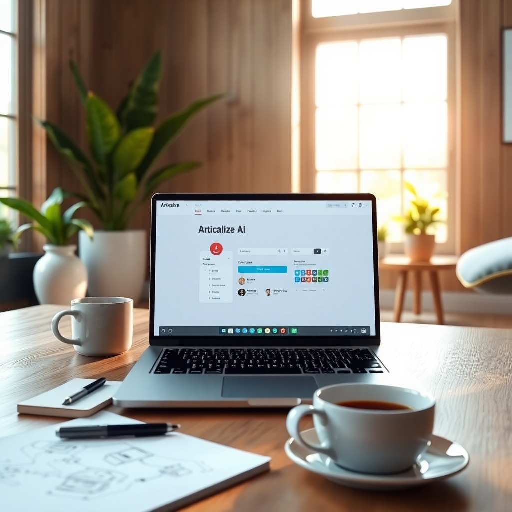 A photorealistic hero image showcasing a modern workspace featuring a sleek laptop with an open Articalize AI application on the screen. The composition includes a cozy, well-lit room with natural light streaming in through a large window, complementing warm wooden textures and a light color palette with hints of green from indoor plants. A coffee cup and notepad with sketches lie nearby, implying creativity and inspiration. The camera angle focuses on the laptop and its interface, displaying rich colors and high detail. The image is styled in hyperrealistic 8K resolution to symbolize the innovation behind Articalize AI.