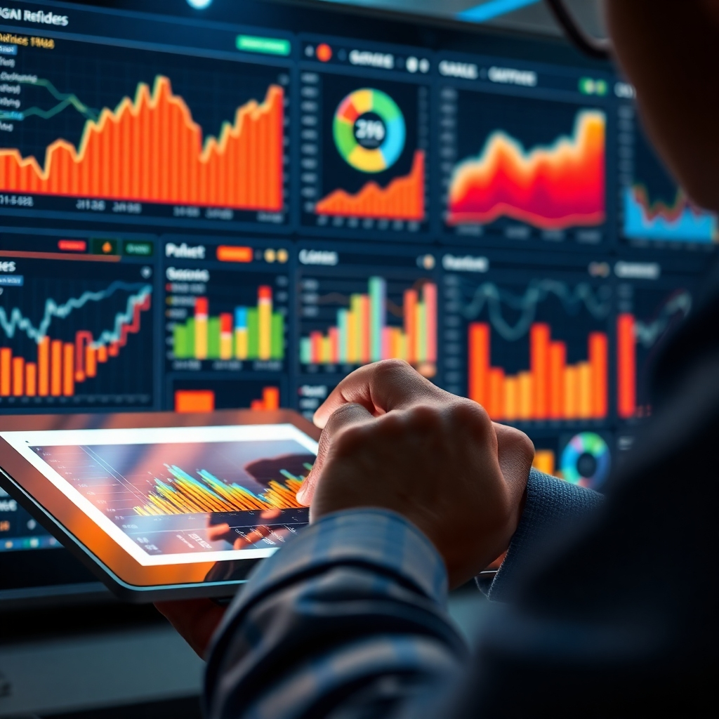 A photorealistic image capturing a user analyzing data on a sleek tablet, surrounded by graphs and charts on a digital dashboard. Bright, dynamic visuals leap off the screen, conveying vital metrics in an easily digestible format. The lighting is vibrant, accentuating the data's importance and the user's engagement. This scenario showcases both modern technology and the analytical capabilities at the heart of Articalize APP.