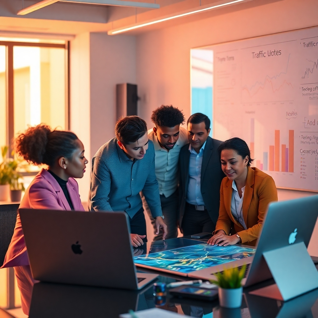 Visualize an advanced AI strategy map bathed in futuristic light, showcasing strategy routes overlaying a city map. Use vibrant colors to highlight various traffic tactics placed throughout the map. The lighting should create an ethereal glow, enhancing the technological theme. Capture an aerial view angle that emphasizes connectivity and planning, ensuring detail visibility. The final image should be photorealistic and in high resolution.