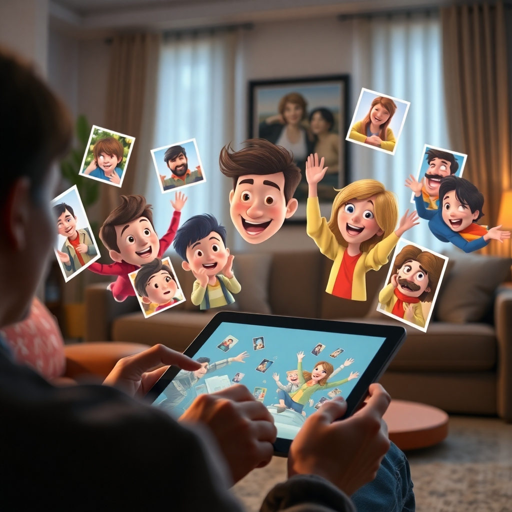 A photorealistic image depicting a person using a tablet, surrounded by animated photos coming to life with facial expressions, hand movements, and vibrant colors. The scene captures the joy of storytelling, with the background showing a cozy, well-lit living room.