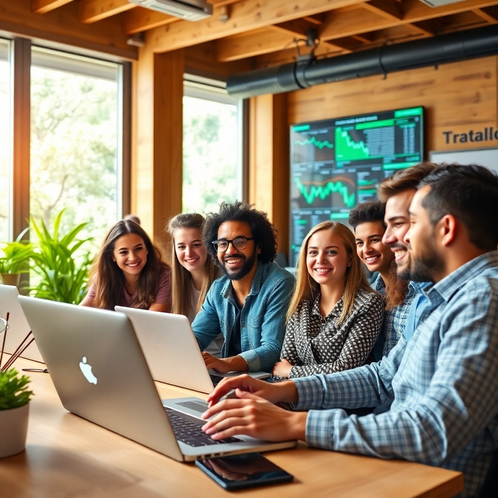 A photorealistic image depicting a diverse group of enthusiastic individuals working collaboratively on laptops in a modern workspace, embodying the essence of AI traffic freedom. The setting is bright with natural light coming through large windows, capturing a sense of community and innovation. The color palette features warm tones of wood and bright greens. The camera angle focuses on a group discussion, and there are digital screens showing traffic data in the background. The style is contemporary and engaging, created in 4K resolution for high quality.