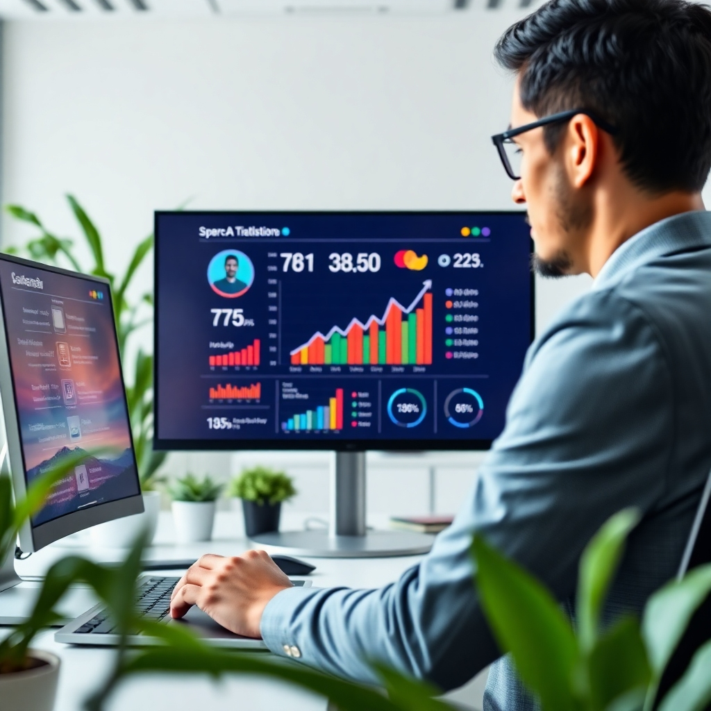 A photorealistic image depicting a businessperson analyzing data on a screen showcasing AI video statistics. The environment is a contemporary office with minimal clutter, accented with green plants for a touch of nature. The lighting is bright, focusing on the screen, creating a professional atmosphere. The camera angle is slightly tilted towards the screen, showcasing the data clearly. The final image should evoke a sense of strategic thinking in the booming AI video market.