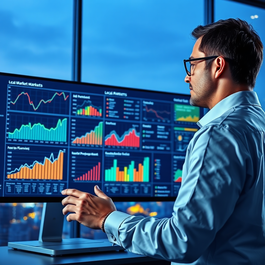 A photorealistic image depicting a data analyst in front of a large screen, analyzing complex charts and forecasts about local markets. The lighting is focused and professional, emphasizing the analytical aspect of AI marketing. The backdrop features city skylines, symbolizing the connection to local demographics. The overall color scheme embodies a corporate but innovation-friendly atmosphere, and the texture of data displays should be crystal clear to symbolize precision.