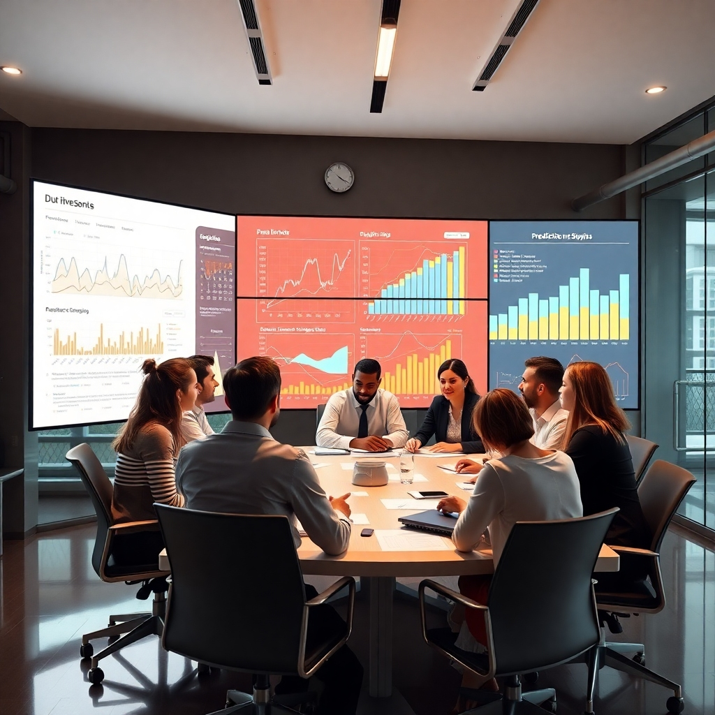 A photorealistic image depicting a modern office with a large digital screen showcasing complex data analytics and predictive graphs. A diverse team of professionals is gathered around a conference table, engaged in discussion. The atmosphere is bright and focused, illustrating teamwork and technology.