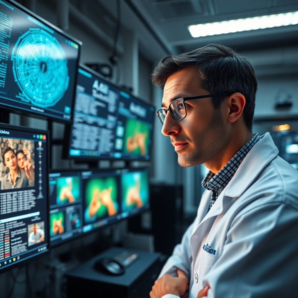 A photorealistic image depicting a scientist analyzing data related to AI image creation. The setting is a high-tech laboratory with screens displaying complex algorithms and visual examples of generated images. Soft lighting creates an intriguing atmosphere, emphasizing technological advancement. The camera angle captures both the scientist's focused expression and the screens, illustrating the intersection of creativity and science. Technical specs: 4K resolution.