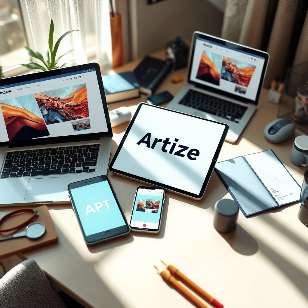 A photorealistic image depicting various digital tools harmoniously integrated with the Articalize APP. Laptops, tablets, and smartphones are arranged on a desk, displaying the app’s user-friendly interface. Natural light spills onto the scene, reflecting off surfaces while providing a sense of transparency and clarity. A color scheme that blends earth tones with technical blues conveys a balance between functionality and comfort, capturing the ease of use that the app offers.