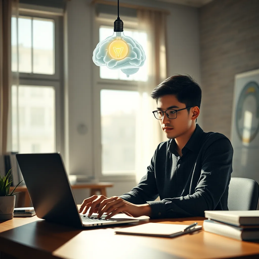 A photorealistic image depicting a focused young professional working on a laptop in a sunlit room. The background features a clean desk with books and notes, while a brain-shaped light bulb illuminates above the individual, symbolizing clarity and enhanced focus.