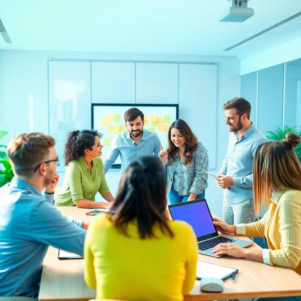 A photorealistic image depicting a team workshop with group brainstorming over strategies. The ambiance is bright with dynamic interactions. Light shades of blue and green dominate the environment, promoting an energetic atmosphere. Props like sticky notes, laptops, and projectors add context. This captures a moment of collaboration. Technical specs: vibrant, high quality.