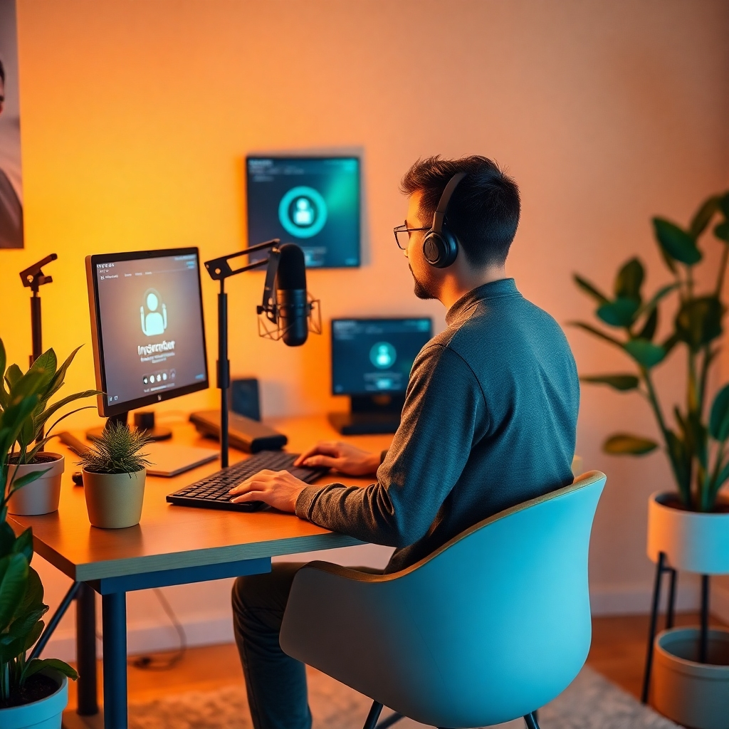A photorealistic image embodying the essence of 'AI Podcast Passive Income'. The scene includes an individual sitting at a desk, recording a podcast with AI-assisted software visible on the screen. The warm, inviting lighting creates a cozy environment, while the color palette combines soft blues and yellows to evoke inspiration. Textures are smooth, reflecting the modernity of digital technology. The studio is adorned with plants and branding elements, enhancing the ambiance. Style references lean towards contemporary design. Technical specs: 4K resolution, high quality.