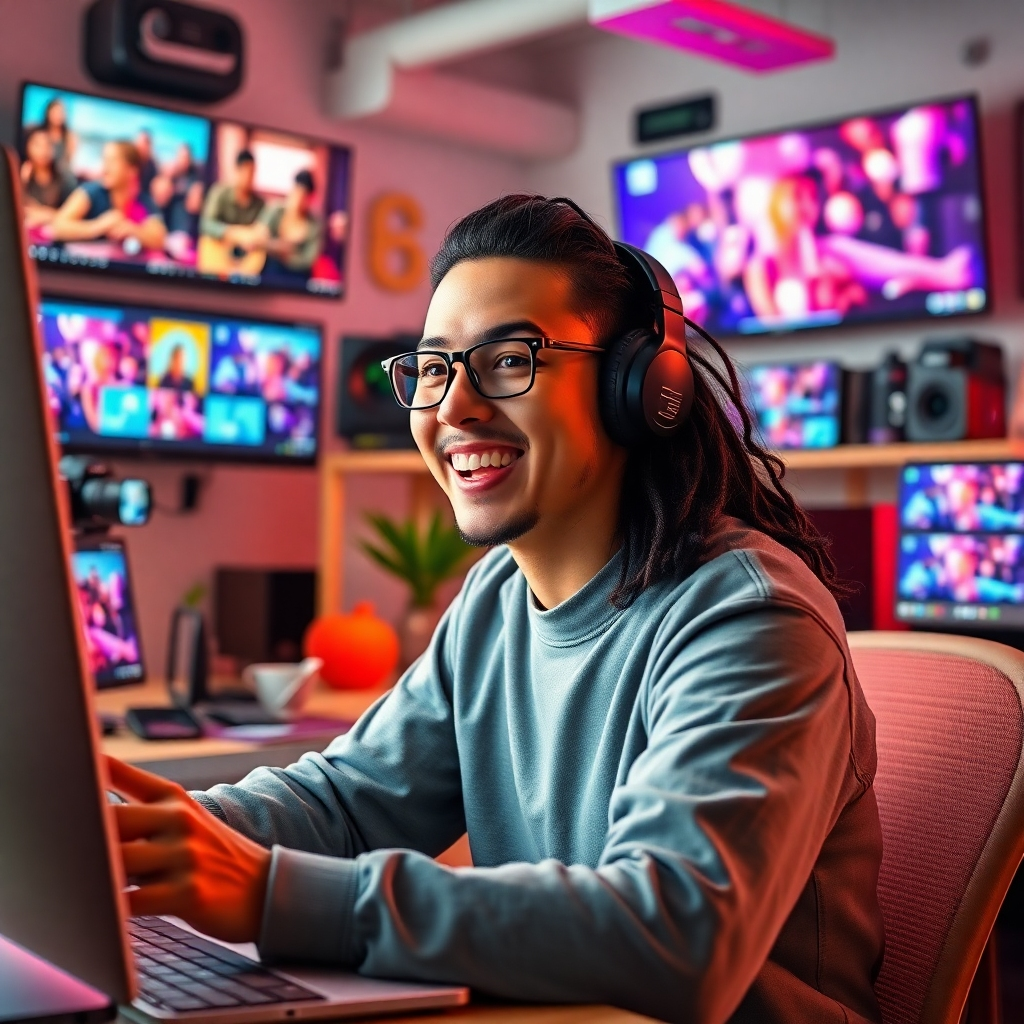 A photorealistic image illustrating a creator enthusiastically working with the AI Audgram tool. The workspace is filled with visual screens showing vibrant video edits, with an aura of creativity. Bright, natural lighting illuminates the scene, featuring a mix of modern decor and tech gadgets. The color palette is lively, with splashes of color that evoke excitement. The camera angle captures the intensity of focus and passion on the creator's face, complemented by relevant props like storyboards and video-editing software visible. Textures enhance the sleek technology aesthetics, representing innovation and artistry.