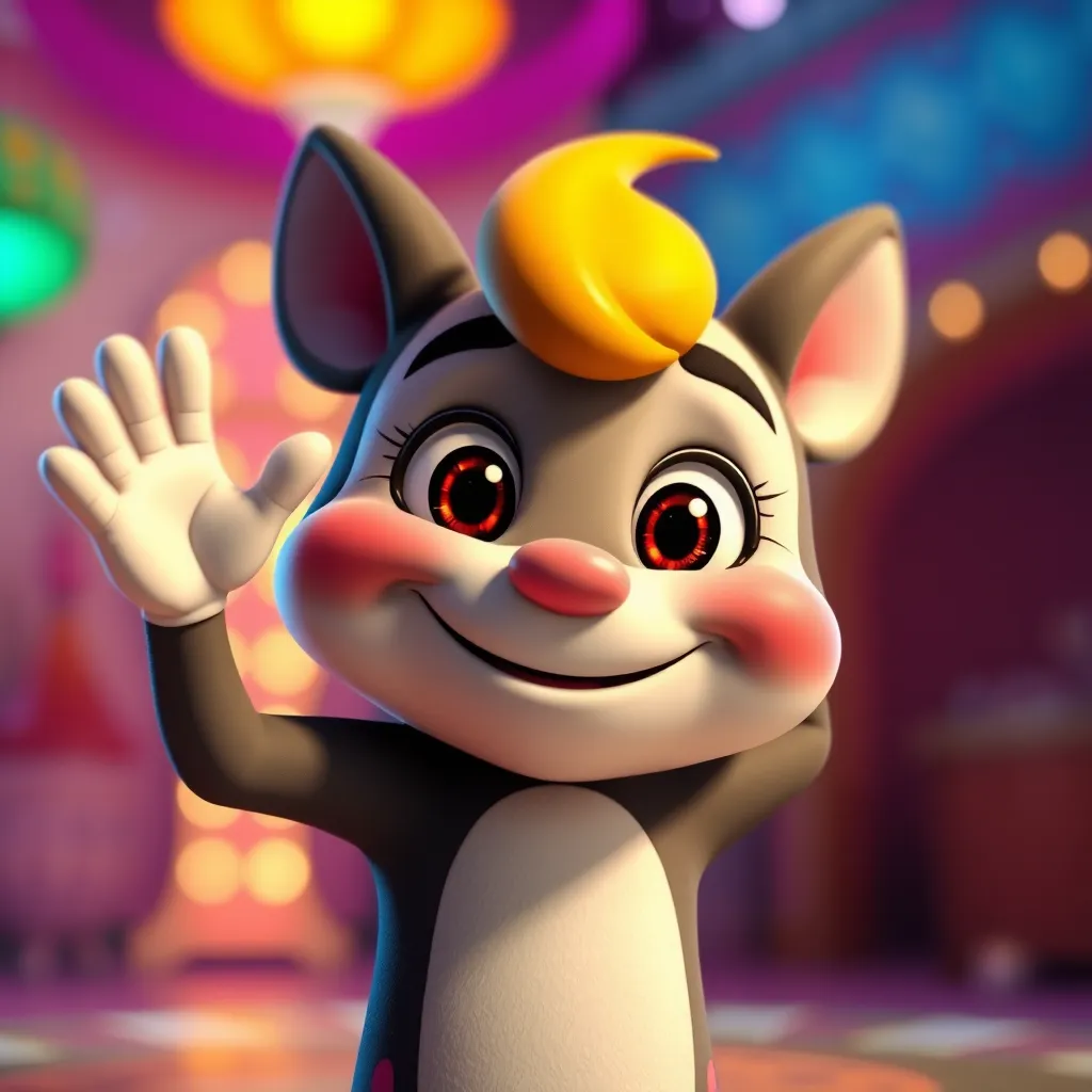 A photorealistic image of a beloved cartoon character, smiling and waving, set against a vibrant background. The character should have expressive eyes, showing excitement, with motion blurred arms to depict movement. Include a glowing aura to suggest an enchanting atmosphere.