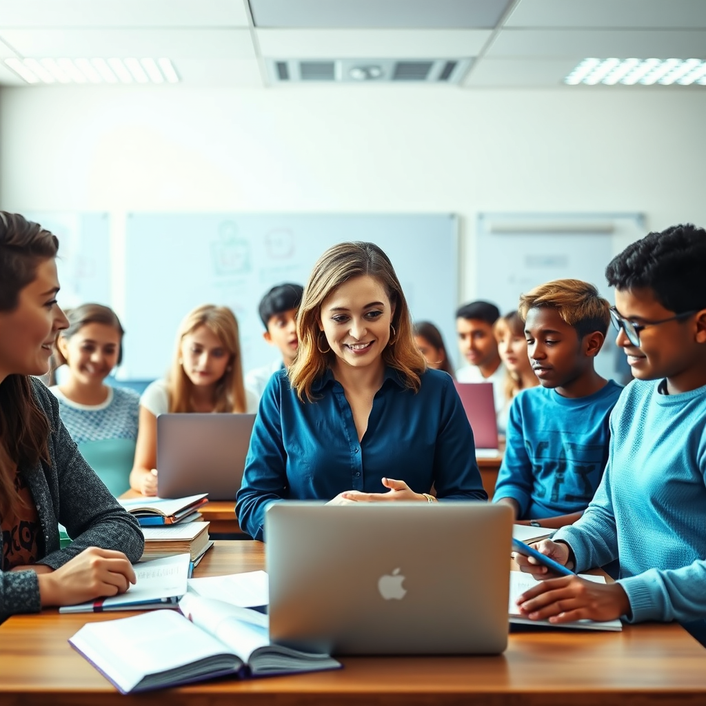 A photorealistic image of a classroom setting where individuals of varied ages are engaged in interactive learning. The composition showcases a teacher at the front, using digital tools to illustrate concepts. Bright lighting creates an inviting atmosphere, with a color palette of soft blues and whites enhancing focus. Textures of books, laptops, and enthusiastic expressions fill the frame. This scene should invite trust and authenticity, rendered in high quality.
