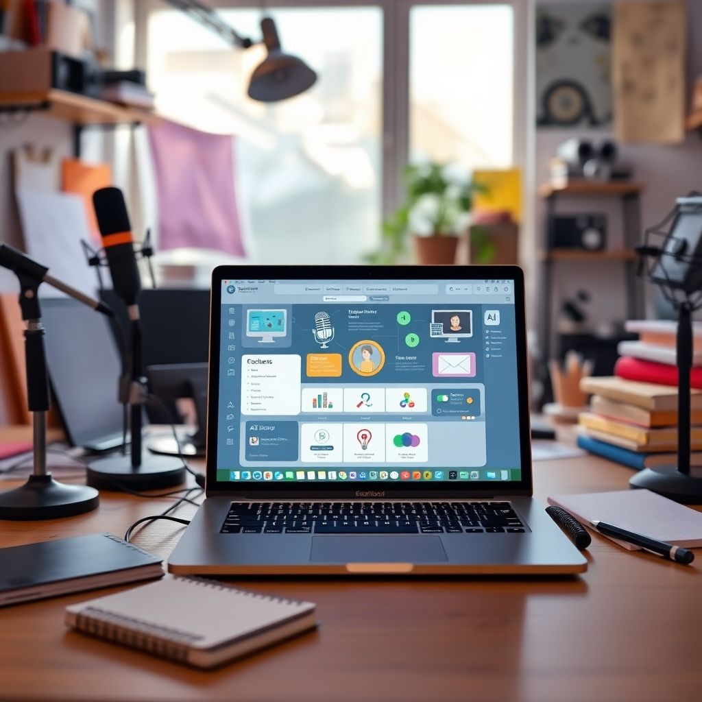 A photorealistic image of a creative workspace with a laptop open to an AI content generation tool. The room is lively and well-lit, filled with creative tools like microphones and notebooks. The screen displays vibrant visual elements illustrating the AI in action. The atmosphere should convey creativity and innovation, inviting for aspiring podcasters.