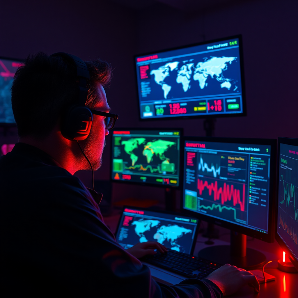 A photorealistic image of a cybersecurity professional monitoring alert notifications on multiple screens. The room is dimly lit, with ambient RGB lighting creating a sense of urgency. The camera angle focuses on the screens displaying threat maps and statistics, highlighting the proactive nature of the service. This visual resonates with Soteria AI's mission of protecting online businesses.