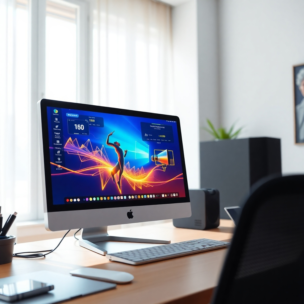 A photorealistic image of a digital workspace meticulously crafting visual narratives from audio content. The setting features a sleek computer with a vibrant display showcasing animated graphics stemming from podcast audio. Bright daylight fills the room, enhancing the inspirational ambiance and emphasizing the clarity of the visuals. The color palette is vibrant, incorporating hues of blue and gold, attracting attention. The camera angle captures a close-up of the screen where animations take form, with texture hints that emphasize a clean, high-tech workspace.