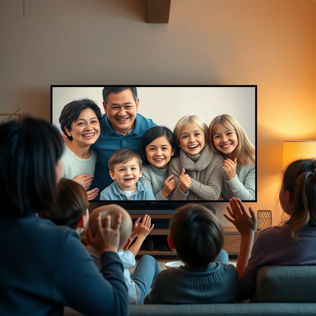A photorealistic image of a family portrait being animated on a digital screen, with lifelike movements like smiling faces and gentle gestures, surrounded by awe-struck viewers. The background shows a cozy living room to convey warmth and nostalgia.