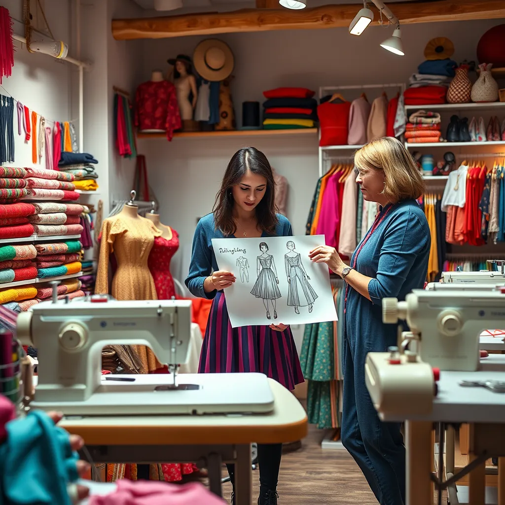 A photorealistic image of a fashionable sewing studio filled with vibrant fabrics and sewing machines, showcasing a designer discussing a unique clothing sketch with a client. The studio should have colorful threads, various tools, and a warm, creative atmosphere.