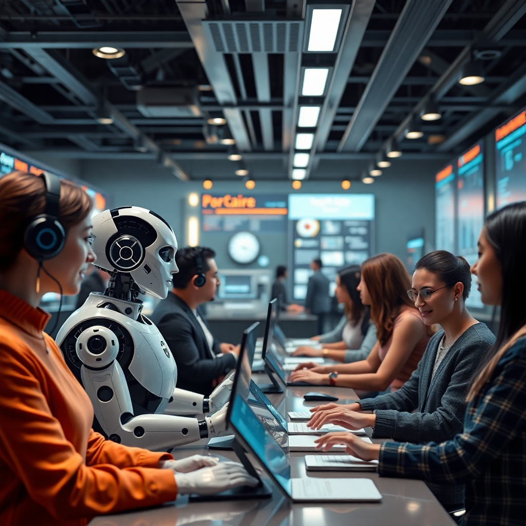 A photorealistic image of a futuristic customer service center with AI-powered bots interacting with diverse customers. The scene should depict bots providing personalized services, with screens showing analytics and customer preferences, creating a warm, engaging atmosphere.
