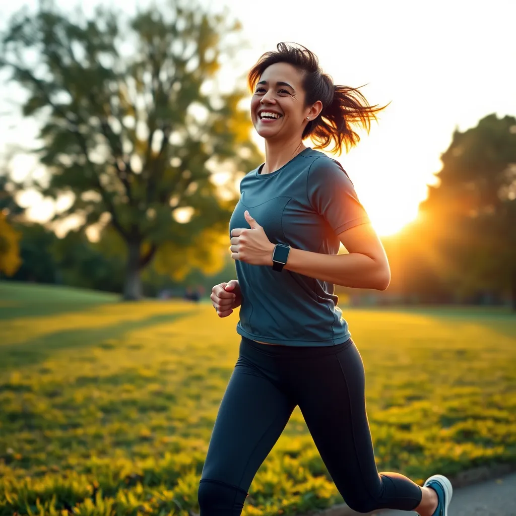 A photorealistic image of a happy person jogging in a beautiful park during sunrise, wearing sporty attire and a smartwatch. The person is in mid-stride with a joyful expression, surrounded by lush greenery and a clear sky.