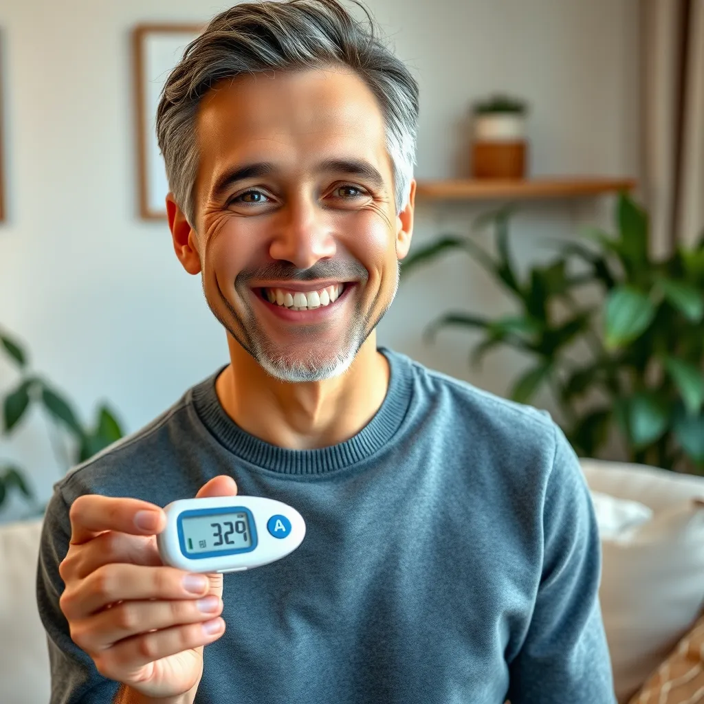 A photorealistic image of a healthy individual smiling and holding a glucometer showing a stable blood sugar reading. The background is a cozy living room with plants and a soft couch.