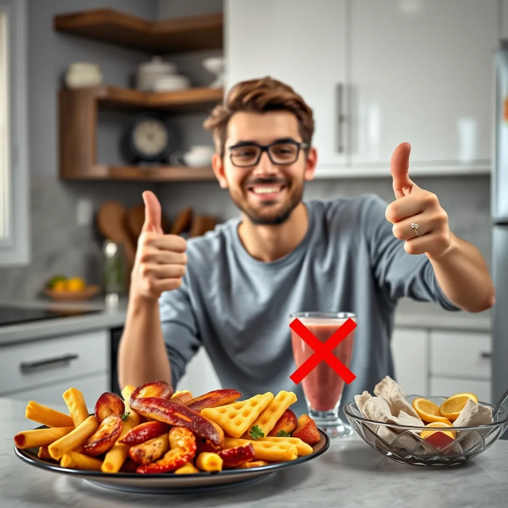 A photorealistic image of a person in a kitchen smiling and giving a thumbs-up, with a fruit smoothie in one hand. Nearby, there is a plate of unhealthy snacks with a red cross over it, indicating reduced cravings.