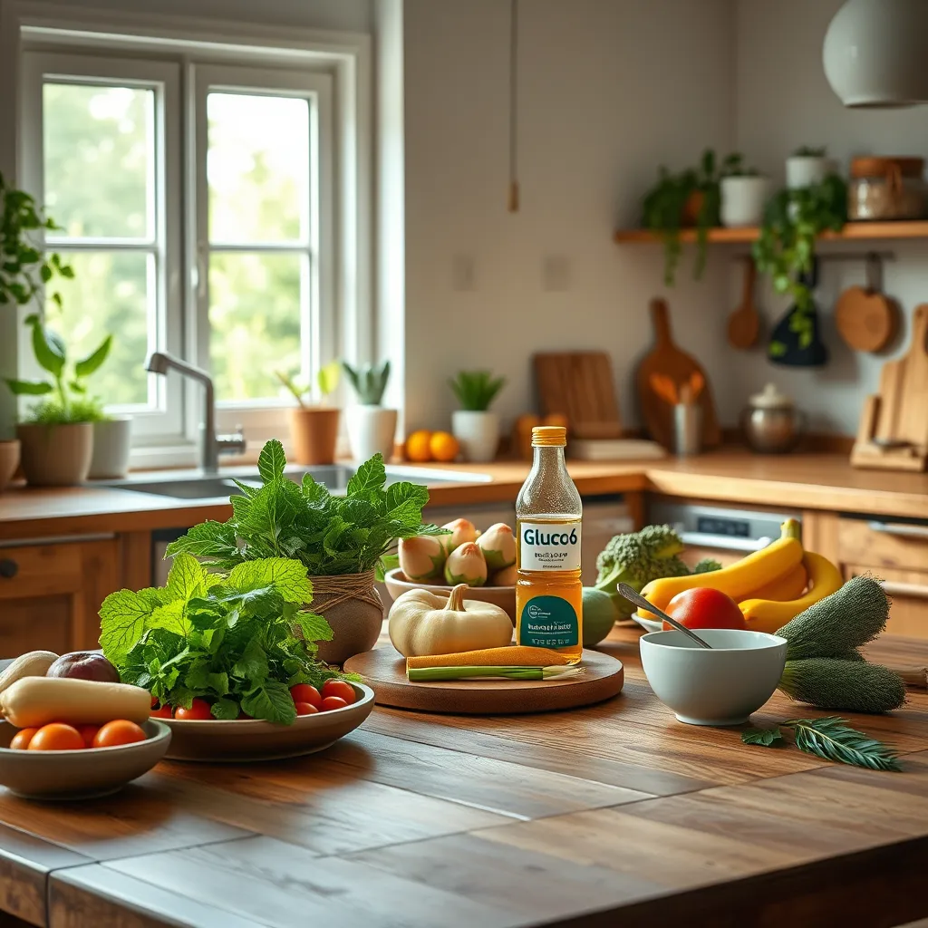 A photorealistic image of a serene kitchen scene, with a wooden table adorned with various plant-based foods, a bottle of Gluco6, and utensils for healthy cooking. Soft natural light filtering through a window adds warmth, symbolizing a sustainable and healthy lifestyle.