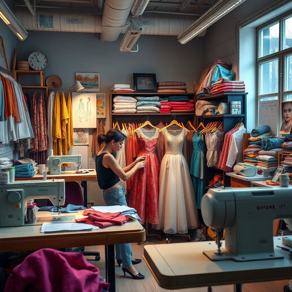 A photorealistic image of a sewing studio with various fabrics, sewing machines, and a designer working on a custom dress. The atmosphere is creative and inspiring, with sketches and colorful textiles displayed around the room.