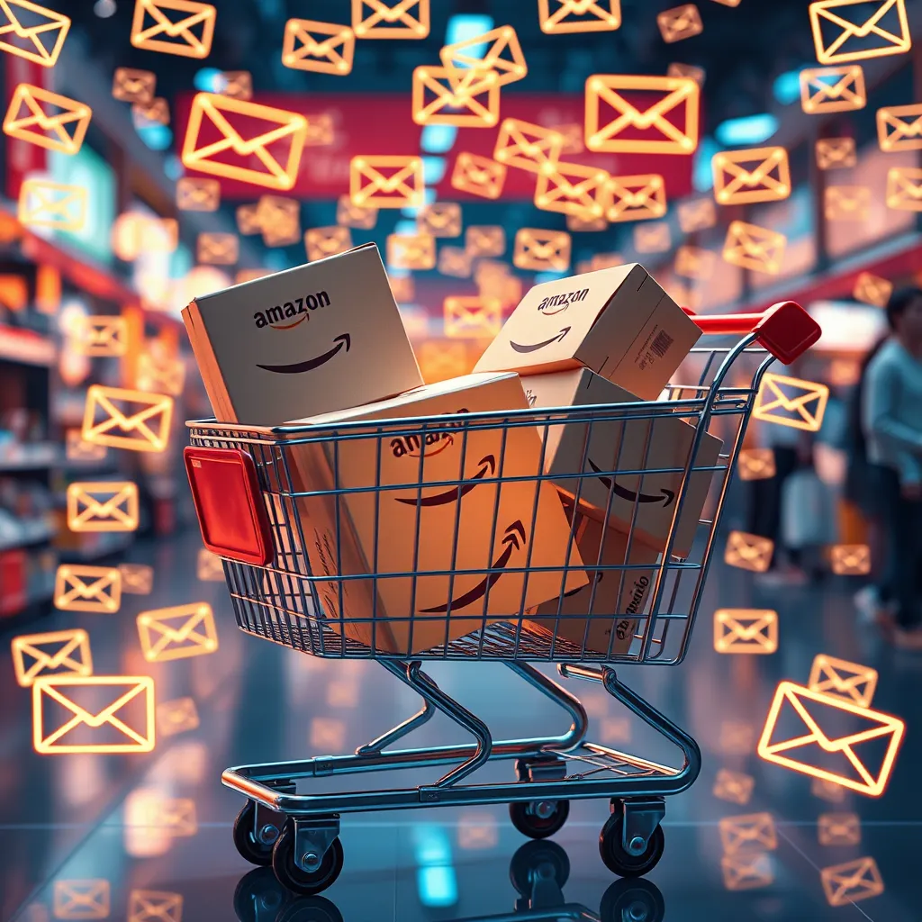A photorealistic image of a shopping cart filled with Amazon packages, surrounded by glowing email icons. The scene should depict a vibrant digital marketplace, showcasing satisfied customers happily shopping online, emphasizing the connection between e-commerce and email marketing.