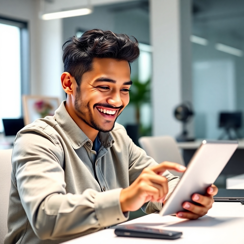 A photorealistic image of a user interacting with Articalize AI on their digital device, showing an expressive look of satisfaction as they generate articles instantly. The background includes a modern office with neutral tones and high-tech gadgets, enhancing the thorough experience of ease. The lighting is bright and optimistic, emphasizing clarity and innovation, with details showcasing the sleek design of the app interface.