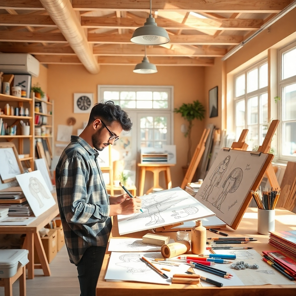 A photorealistic image of an artist crafting custom illustrations in a sunny studio filled with art supplies. The open environment offers a warm color palette, with natural light enhancing the creative process. The camera angle focuses on the artist at work, providing a sense of engagement and artistic passion. Technical specs: 4K resolution.