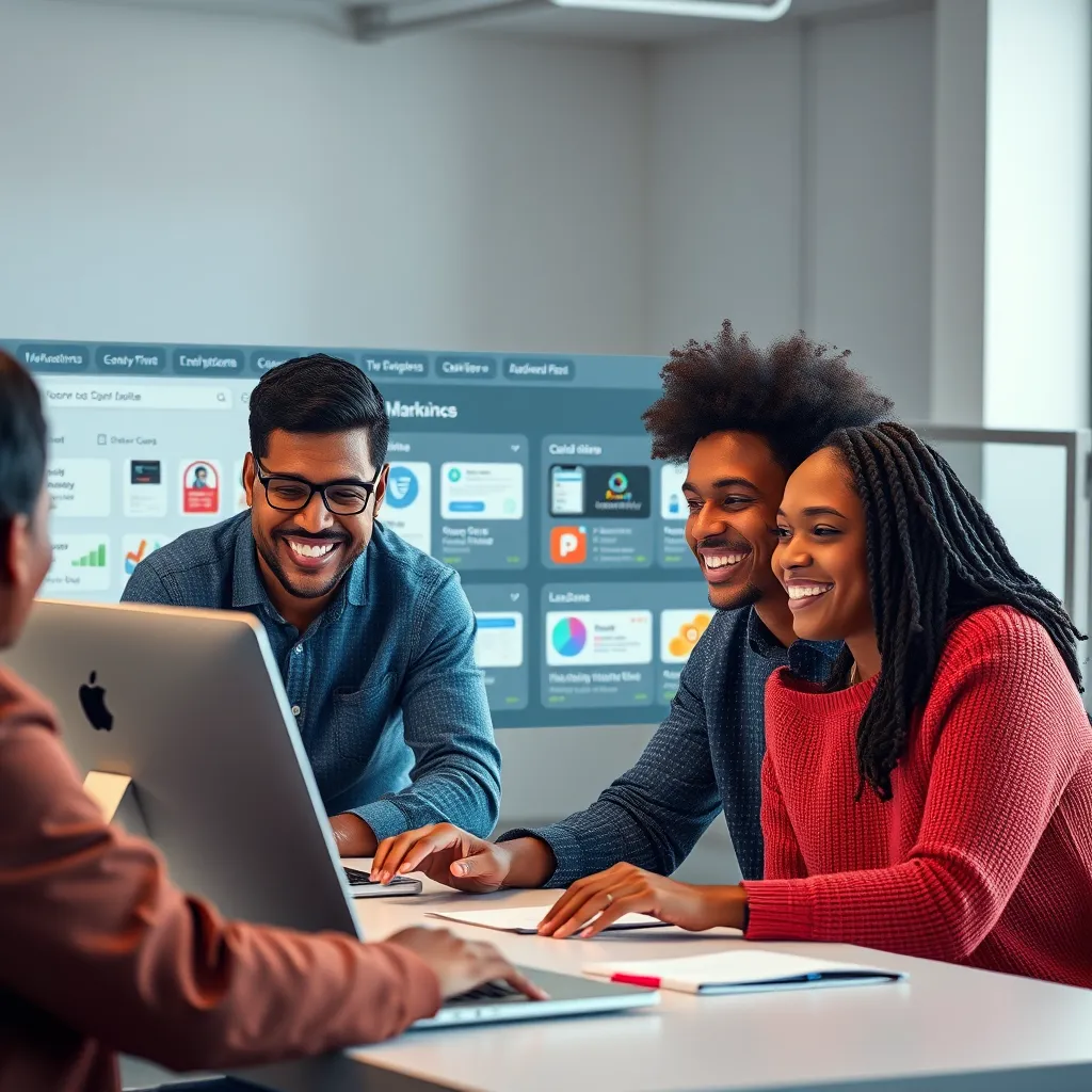 A photorealistic image of diverse individuals happily using a user-friendly marketing software interface. Showcase an intuitive dashboard filled with email templates, drag-and-drop features, and icons representing various marketing campaign types, all in a collaborative workspace.