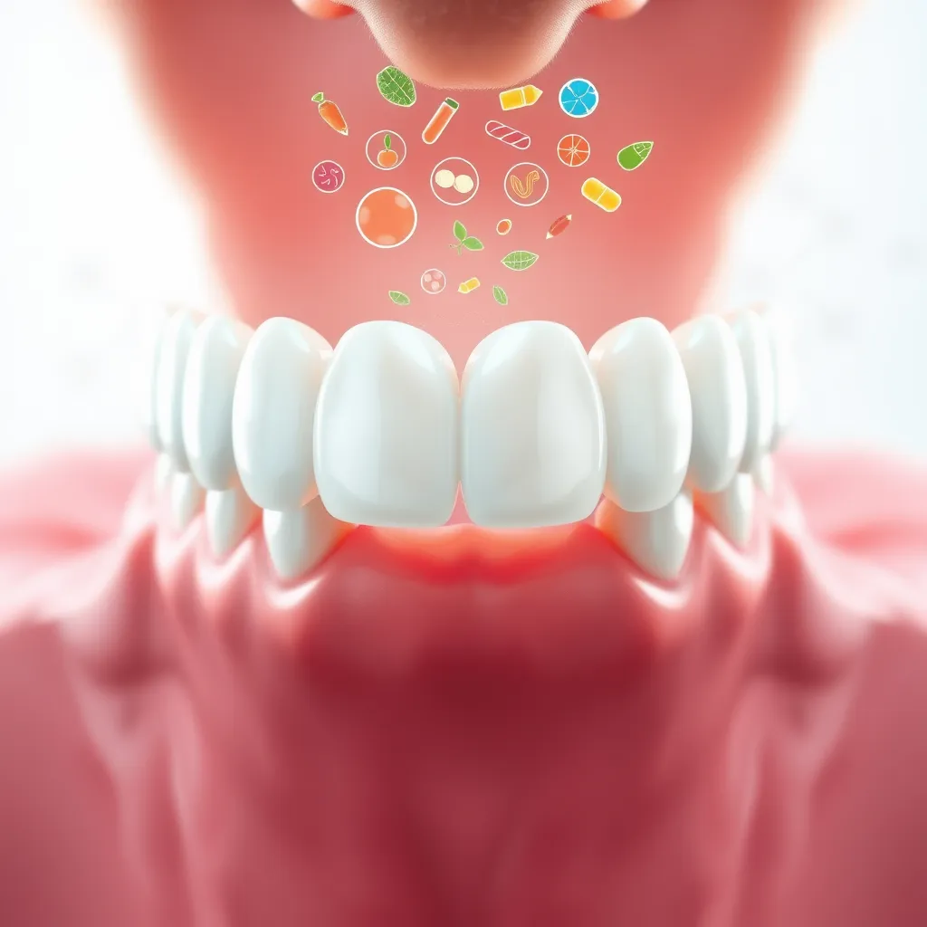 A photorealistic image of healthy, strong teeth and gums. The teeth should appear solid and clean, while the gums should look firm and pink. The background could include icons of nutrients and vitamins swirling towards the mouth.