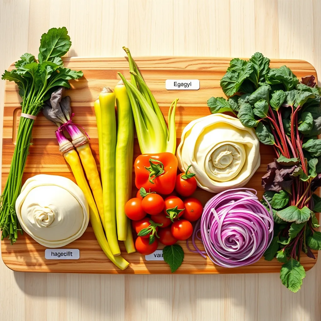 A photorealistic image of six vibrant, fresh plant-based ingredients arranged artfully on a wooden cutting board. Include a variety of colors and textures, with labels indicating each ingredient's name, set against a soft, natural light background.