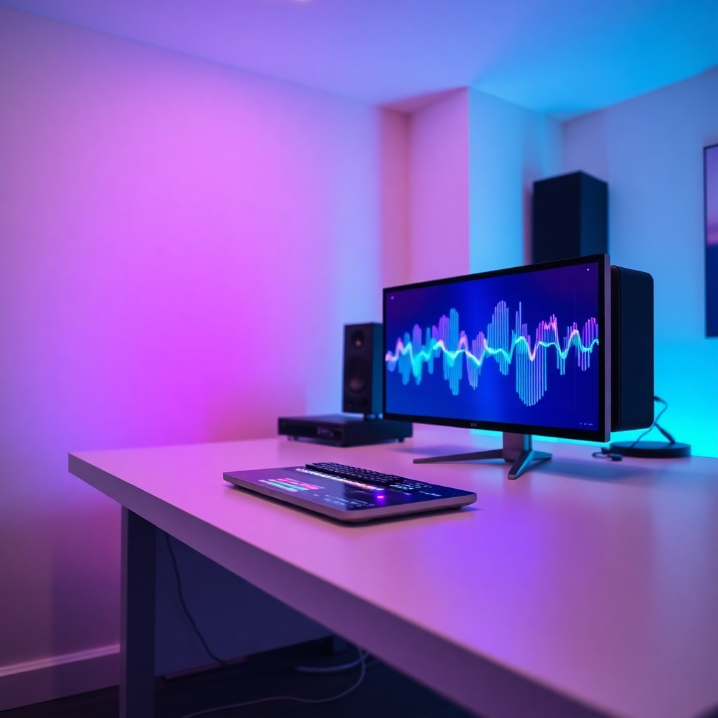 A photorealistic image of vibrant audio frequencies transitioning smoothly into vivid video graphics. The setup includes a sleek desk with an embedded screen displaying the conversion process in real-time. The room is illuminated with soft, artificial lighting, highlighting the tech aesthetics with a modern feel. A crisp color palette blends bright blues and purples, resonating with creativity and innovation. The camera angle captures the fluid motion of the frequencies and visuals merging, with texture details enhancing the dynamic experience of audio-visual transformation.